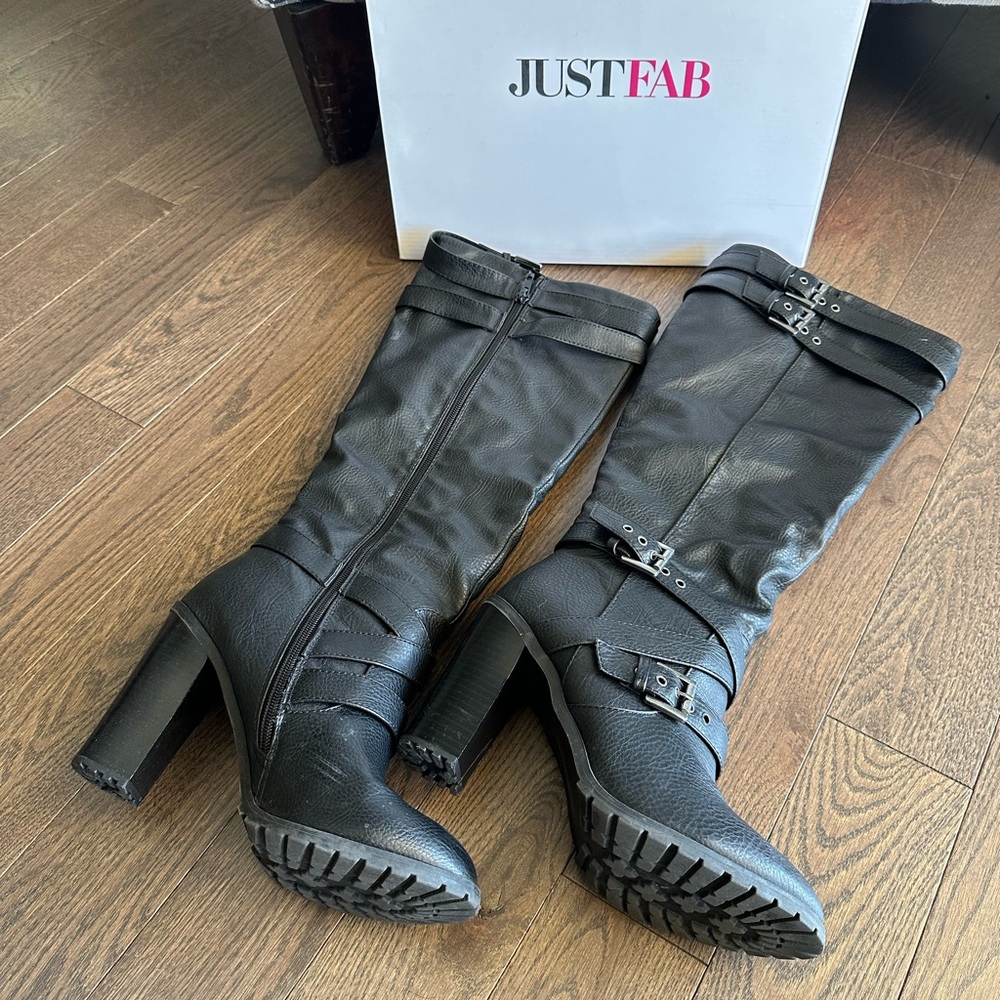 JustFab Black Heeled Boots with Chunky Heel and Buckle Detail